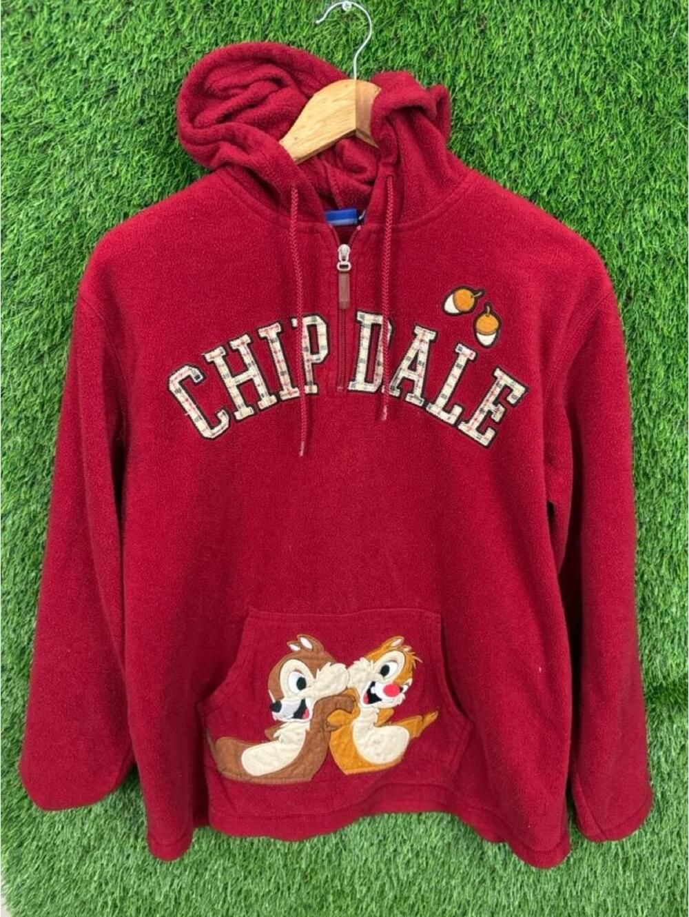 Y2k Disney Chip ’n Dale Fleece Hoodie Red Quarter Zip Pullover Sweatshirt Size L